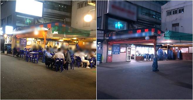 8일 오후 8시 40분 서울 종로의 한 가게(왼쪽)와 오후 9시가 지나자 영업을 마친 가게의 모습. 채혜선 기자