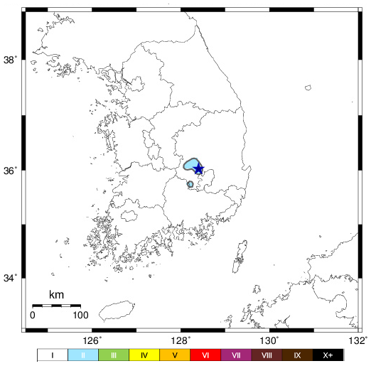 12일 오후 1시께 발생한 지진도. 경북 칠곡군 북쪽 4km 지역이다. 기상청 제공