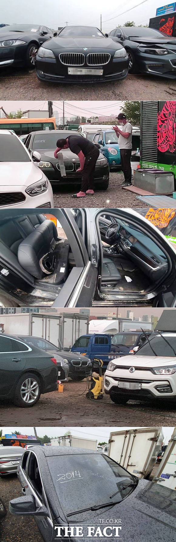 인천 옥련동의 송도중고차수출매매단지로 이동된 BMW 침수차. 매매단지에 도착한 침수차의 전조등 안에 물기가 가득했다. 침수차를 구입한 매매업자는 바로 번호판을 제거하는 등 폐차 말소 서류 작업을 진행했다. 이후 침수차는 세척과 건조 작업을 한 달간 거친 후 매매, 수출됐다. 사진은 위부터 아래로 물기 머금은 BMW 전조등, 번호판 제거 작업하는 매매업자, 건조와 세척 작업 진행, '솔드 아웃(판매 완료)' 메모가 적힌 침수차의 모습. /인천=남윤호·이덕인·남용희 기자