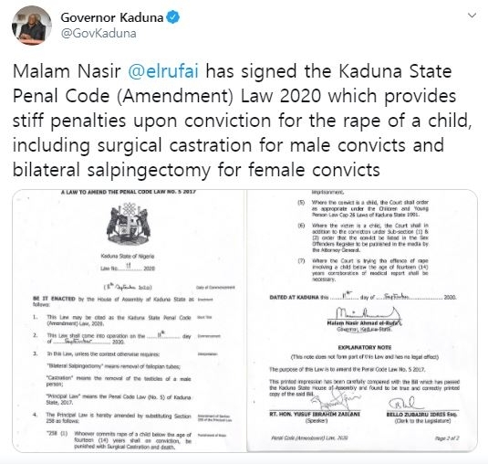 나이지리아 카두나주(州) 주지사가 새 법에 서명했다고 트위터로 밝혔다. [카두나주 주지사 트위터 갈무리]