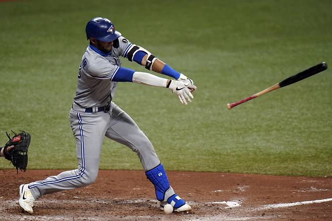 Toronto Blue Jays' Lourdes Gurriel Jr. loses his bat as he fouls off a pitch from Tampa Bay Rays relief pitcher Diego Castillo during the seventh inning of Game 1 of a wild card series playoff baseball game Tuesday, Sept. 29, 2020, in St. Petersburg, Fla. (AP Photo/Chris O'Meara)







<저작권자(c) 연합뉴스, 무단 전재-재배포 금지>