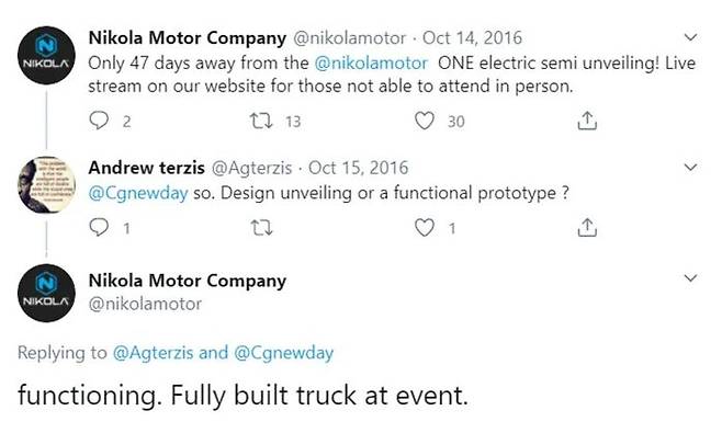 니콜라 원이 실제 작동하는 트럭이라는 니콜라 측의 트위터 메시지.