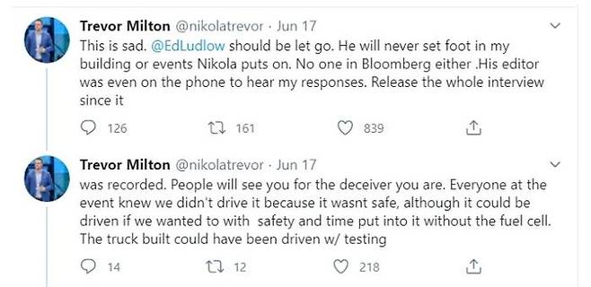 니콜라 원이 거짓이었다는 블룸버그 보도를 부인하는 트레버의 트윗.