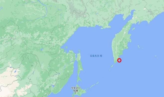 러시아 캄차카주 할락티르스키 해변의 위치(붉은색 원). [구글 지도 캡처. 재배포 및 DB화 금지]