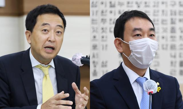 금태섭(왼쪽) 전 더불어민주당 의원과 김용민 민주당 의원. 뉴스1