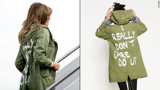멜라니아 트럼프가 2018년 불법 밀입국자 아동보호소 방문차 비행기에 탈때 입은 논란의 재킷. [백악관, 자라]