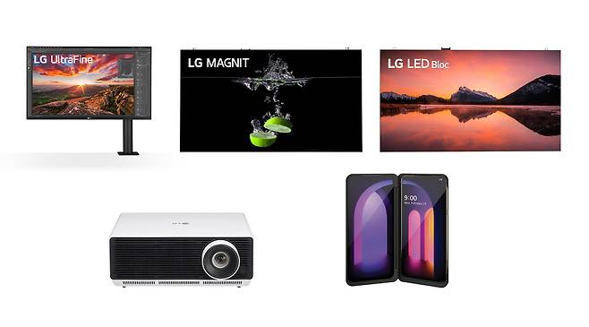 LG전자가 출시한 제품이 일본 최고 권위의 굿디자인 어워드를 수상하며 디자인 경쟁력을 인정받았다.  사진 왼쪽 상단부터 시계방향으로  어워드를 수상한 LG 울트라 HD 360 모니터, 마이크로LED 사이니지 LG 매그니트, LED 사이니지 LG LED 블록, LG V60 ThinQ 5G, 상업용 프로젝터 LG 프로빔 제품 사진.© 뉴스1