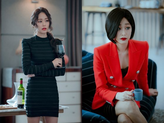 김효진은 극 중에서 '센' 캐릭터를 위해 몸에 딱 달라붙는 검정 원피스나 빨간색 재킷을 주로 선택한다. 사진 JTBC