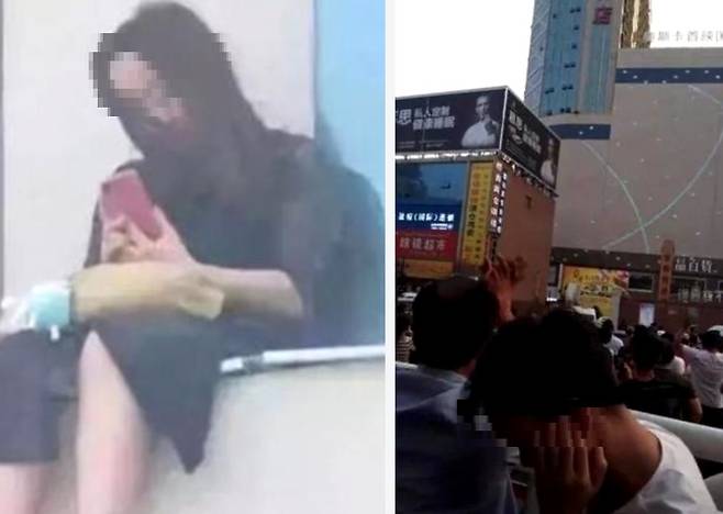 2018년 간쑤성에서 극단적인 선택을 시도하려는 여성(왼쪽)과 이를 촬영하며 방관하는 군중(오른쪽). 결국 이 여성은 군중들의 방관 끝에 스스로 극단적인 선택을 했다. / 사진 = 바이두