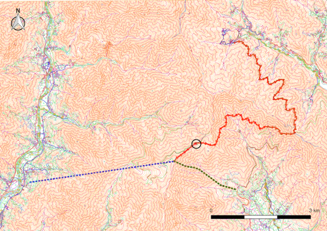 붉은 선은 산악열차, 파란 선은 케이블카, 초록 선은 모노레일이며, 세 개의 선이 만나는 곳이 정류장(현재 형제봉 활공장)이며, 검은 색 원이 원강재다. 원강재는 24년 전 야생 반달가슴곰의 흔적을 발견한 곳이다. 반달곰친구들 제공