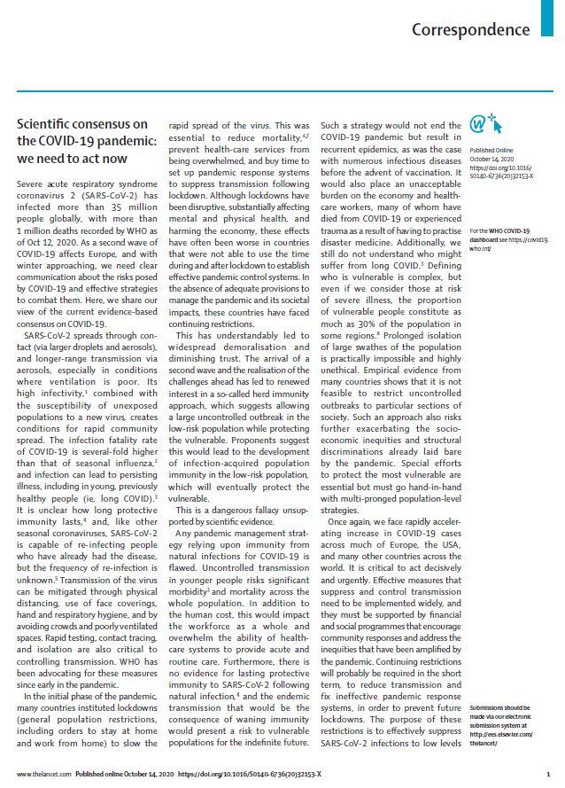 14일 국제 의학 학술지 랜싯(The Lancet)에 발표된 'Scientific consensus on the COVID-19 pandemic:we need to act now' 중 일부. 인터넷 캡처