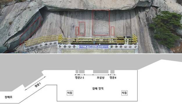 보문사 마애관음보살좌상 주위 네 지점에 나눠 새겨진 명문의 위치를 표시한 사진과 그림. 상의 조성에 참여한 사람들의 핵심정보를 담은 ‘시주질’은 참배로 위쪽 암벽에 새겨진 첫번째 명문에, 간송 전형필의 후원 사실은 두번째 명문에 새겨져 있다는 사실이 최근 소장학자 이주민씨의 연구로 밝혀졌다.