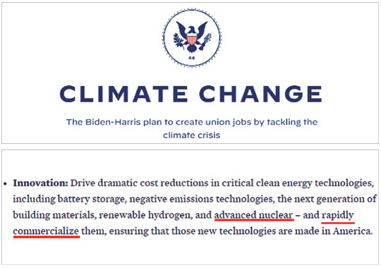 조 바이든 미국 대통령 당선인의 인수위원회 홈페이지 ‘우선순위(priorities)’ 코너에 있는 ‘기후변화’ 정책란에 “재생 수소, 차세대 원자력 등을 신속하게 상용화하겠다”는 내용이 담겨 있다. 바이든 인수위 홈페이지 캡처
