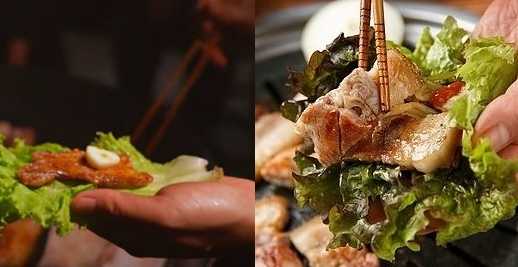 중국 유튜버가 싼 논란의 상추쌈(왼쪽 사진)과 전형적인 한국쌈(오른쪽). 게티이미지뱅크, 전서소가 유튜브 캡처