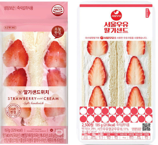 GS25 ‘딸기샌드위치’(사진 왼쪽)와 CU ‘서울우유 딸기샌드’.(사진=각 사)
