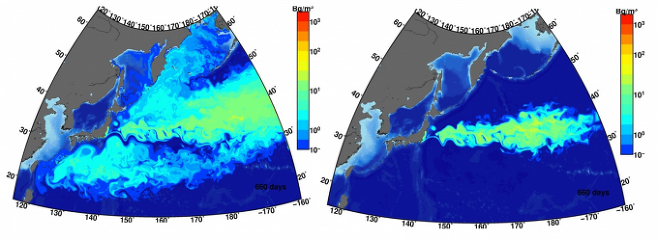 한국해양과학기술원(KIOST)이 해양에서 방사성 물질의 확산을 모델링한 결과. 후쿠시마 원전 사고로 대기 중에 방출된 방사성 물질이 바다에 떨어진 경우(왼쪽)과 바다에 직접 방류된 경우 모두 일차적으로는 한반도 반대 방향으로 퍼지는 것으로 나타났다. 정경태 제공