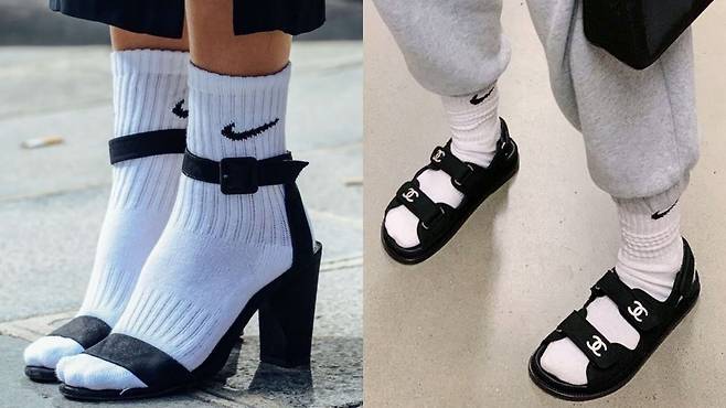 과거 파리패션위크에서 포착된 흰 양말과 하이힐(왼쪽), 주말 아침 아저씨 패션같은 샤넬 스포츠 샌들과 나이키 양말, 운동복 바지. /스타일뒤몽드·인스타그램