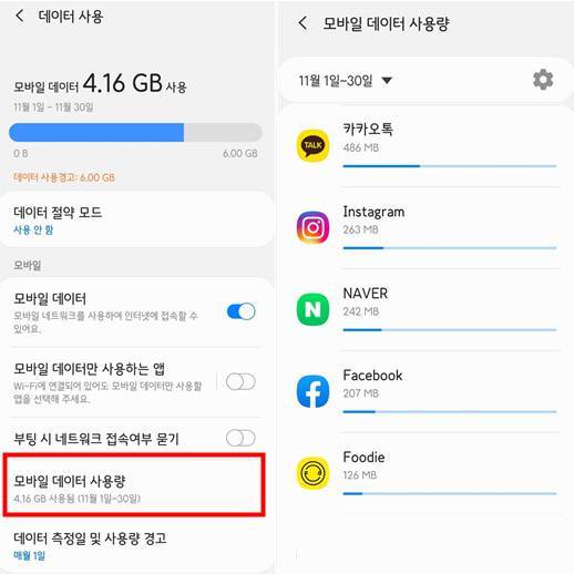데이터 사용량 확인