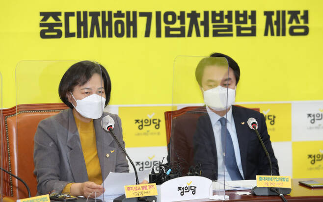 강은미 정의당 원내대표(왼쪽)가 26일 국회에서 열린 상무위원회에서 발언하고 있다. 연합뉴스