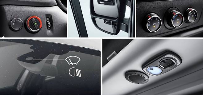 (상단 좌측부터) 시야 확보를 위한 보조 미러/ 실내 공조 시스템/ 무시동 히터 컨트롤러/오토라이팅& 오토 레인 센싱 와이퍼/ 개별 승객석 에어벤트와 독서등과 선반