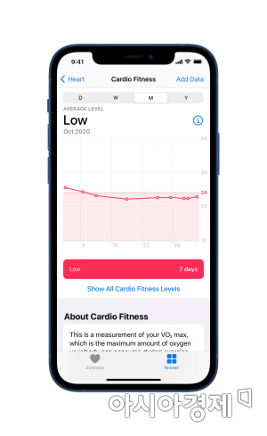 유산소 피트니스 측정 레벨이 '낮음'인 경우