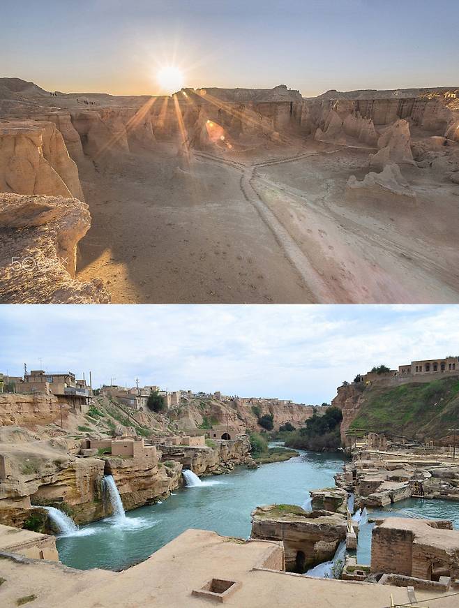 케심섬의 스타 밸리(위 사진)와 기원전 5세기 건설한 슈슈타르 관개 시설.