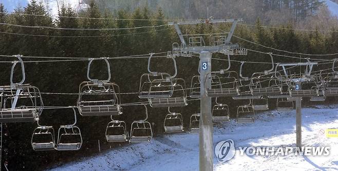멈춰선 스키장 리프트 (평창=연합뉴스) 이해용 기자 = 16일 스키장발 코로나19 확진자가 속출하면서 휴장한 강원 평창의 한 스키장 리프트가 멈춰 서 있다. 2020.12.16 dmz@yna.co.kr