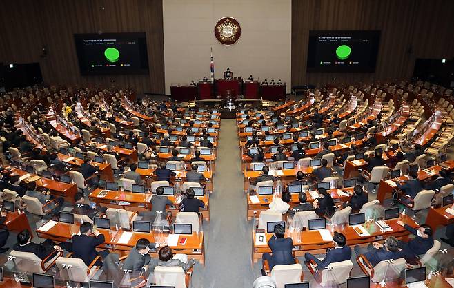 지난 14일 오후 국회 본회의에서 대북전단을 금지하는 남북관계 발전에 관한 법률 일부개정법률안이 통과되고 있다. [연합]