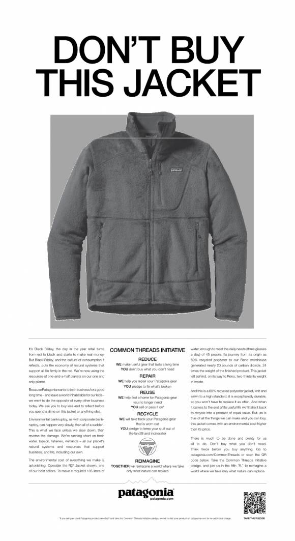 2011년 11월25일 파타고니아가 뉴욕타임스에 게재한 광고. 파타고니아는 "이 광고는 환경 위기에 대한 공감대를 형성하고 해결방안을 실행한다는 우리의 사명을 실천하는 한 방법"이라고 설명했다. ⓒ파타고니아