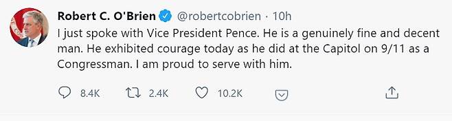 폭도들의 의사당 난입 사태를 용기있게 대응했다며, 펜스를 칭송한 오브라이언 백악관 안보보좌관의 트윗