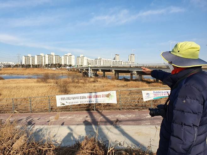 지난 6일 박환우 평택환경시민운동 공동대표가 경기 평택시가 유원지를 개발하면 사라질 억새숲을 가리키고 있다.