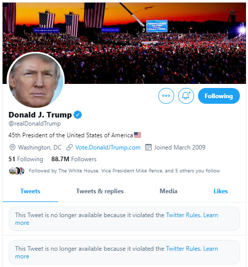 6일(현지 시간) 도널드 트럼프 미국 대통령에 트위터 계정에 “이 트윗은 트위터의 규정을 위반해 더 이상 이용할 수 없다”는 알림이 게재돼 있다./트럼프 대통령 트위터 캡처