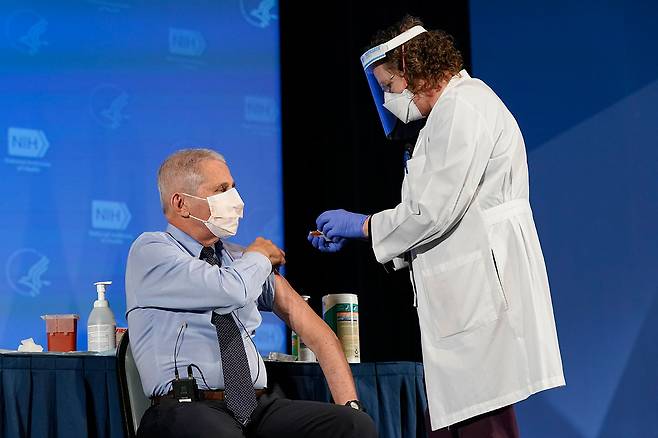 ⓒAP Photo앤서니 파우치 미국 알레르기·감염병연구소(NIAID) 소장이 2020년 12월22일 모더나가 개발한 코로나19 백신을 접종하고 있다.