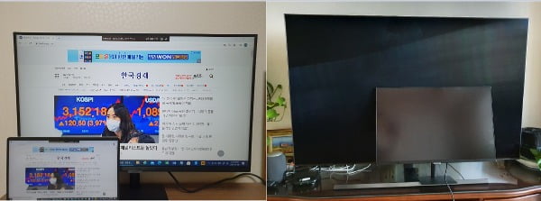 (왼쪽부터) 13형 노트북과 무선 연결한 M7, 65형 TV와 M7 크기 비교 사진/사진=배성수 한경닷컴 기자