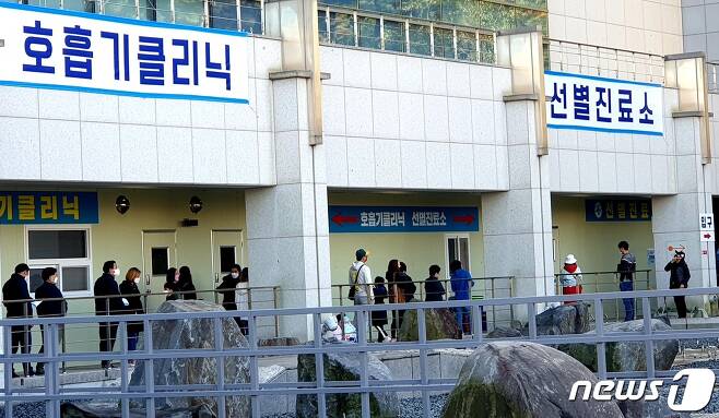 시민들이 코로나19 검사를 받기 위해 천안 서북구보건소 선별진료소에 줄 서있다.© 뉴스1