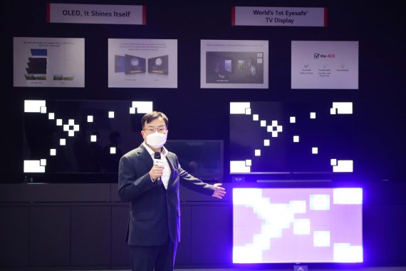 윤수영 LG디스플레이 CTO 전무가 11일 서울 마곡 LG사이언스파크서 OLED 패널과 미니 LED 패널의 차이점을 설명하고 있다.