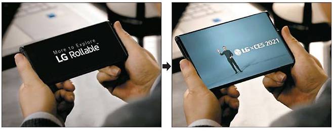 LG전자가 11일 CES 2021 프레스 콘퍼런스에서 `LG 롤러블`폰을 선보였다. 롤러블폰은 사용자가 화면을 펼치면서 크기를 조절할 수 있는 스마트폰이다. 왼쪽 사진은 `일반 모드` 크기, 오른쪽 사진은 영상을 보기 위해 `펼쳐짐 모드`로 화면을 늘린 상태다.  [사진 제공 = LG전자]