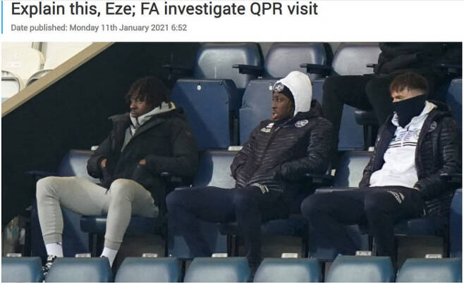 크리스털팰리스 에베레치 에제(왼쪽)가 10일 FA컵 3라운드 QPR-풀럼전을 관중석에서 지켜본게 문제가 돼 FA의 조사를 받는다. 풋볼365 캡처