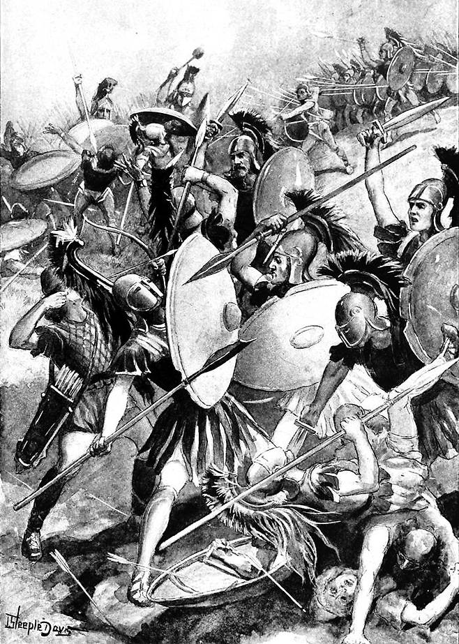존 스티플 데이비스의 도서 삽화‘시라쿠사에서 패퇴하는 아테네군’(1900년作). 펠로폰네소스전쟁 시기 시칠리아의 도시국가 시라쿠사에서도 아테네와 스파르타 세력 간 전투가 벌어졌다. /위키피디아