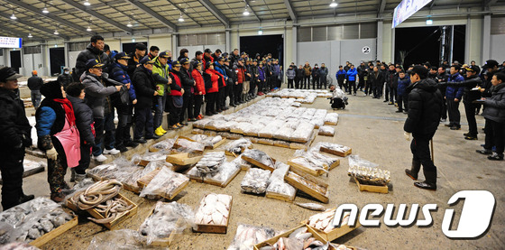 전북 군산시 해망동 수협 위판장에서 중매인들이 수신호를 보내며 물건을 고르고 있다. /뉴스1 © News1