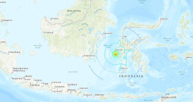 15일 새벽 인도네시아 술라웨시섬의 규모 6.2 지진 발생 지점. 미국지질조사국