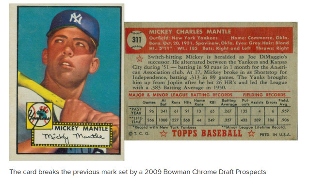 [서울=뉴시스]1952년 미키 맨틀 카드.(사진=MLB 홈페이지 캡쳐)