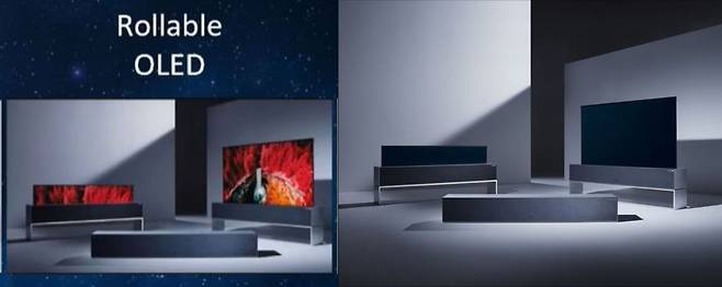 중국 TV업체가 LG전자의 혁신 제품 사진을 무단으로 도용했다. 중국 스카이워스가 CES2021 온라인 설명회에서 공개한 자사 롤러블 OLED TV 모습(왼쪽). 오른쪽은 LG전자가 작년 10월 공개한 롤러블 올레드 TV 사진. /스카이워스·LG전자