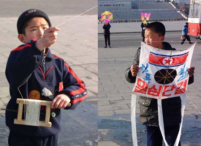 2003년 1월 북한 평양 김일성광장에서 진행된 연날리기 대회에서 학생들이 연을 날리고 있다. 연합뉴스 자료사진