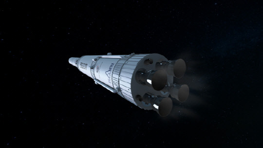 75톤 엔진 4개를 클러스터링으로 구성한 누리호 1단 로켓 모습으로, 300톤급 추력을 낸다. 사진은 누리호 1단의 발사 상상도. 항우연 제공