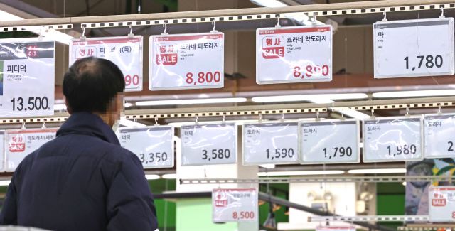 한 시민이 지난 14일 서울 서초구 한 대형마트 식품코너에서 장을 보고 있다. 연합뉴스