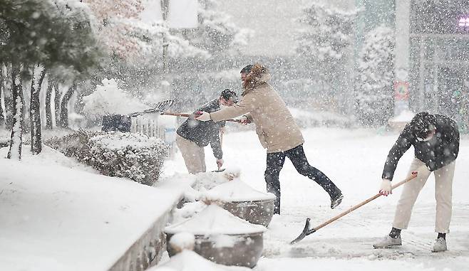 서울 지역에 눈이 내린 지난 12일 오후 서울 성동구 성동구청에서 구청 직원들이 구청사 주변 보행로에 대한 제설 작업을 하고 있다. 성동구 제공