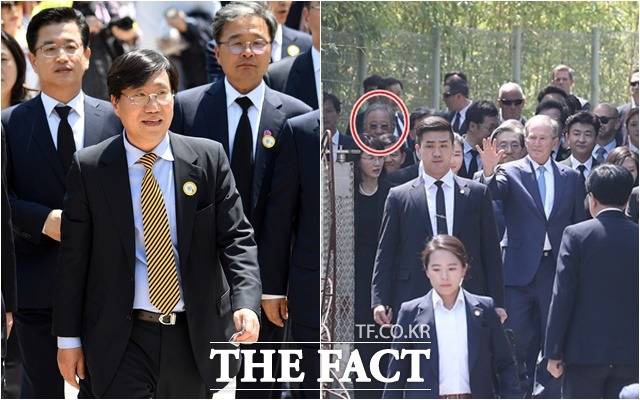 지난 2019년 5월 23일 고 노무현 대통령 10주기에 참석 중인 양정철 전 원장과 류진(오른쪽 빨간 원) 전 회장. /더팩트 DB