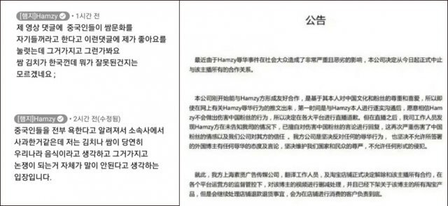 햄지가 작성한 댓글과 중국 미디어 회사 측 입장.