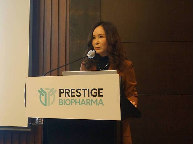 Prestige Biopharma CEO Park So-yeon speaks at a briefing held in Seoul on Monday. (Prestige Biopharma)